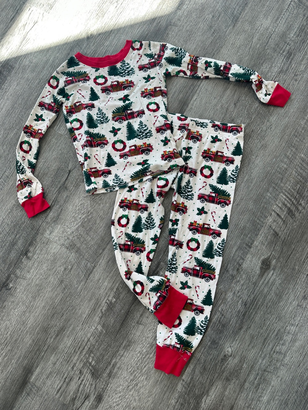 Kids Holiday Truck & Tree Pajama Set - Red Trim- Size 6